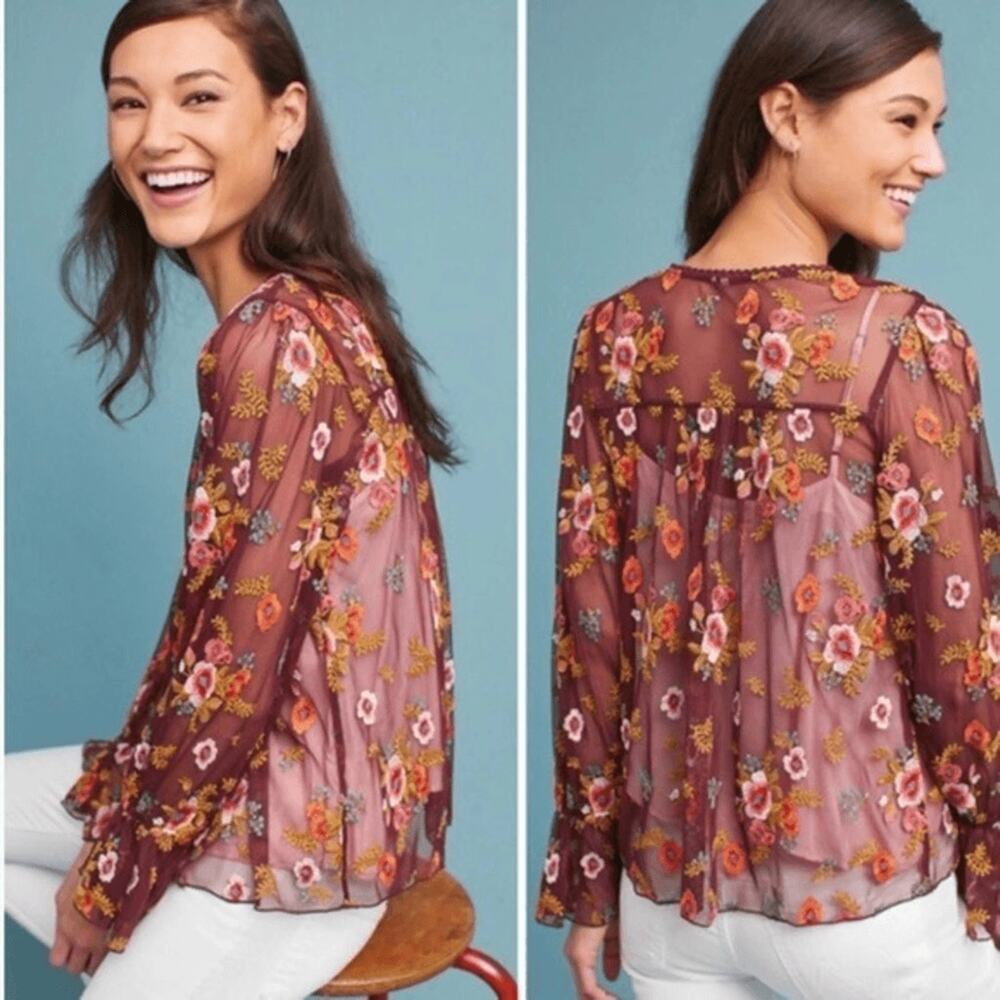 Anthropologie Feather Bone Ruffled Sleeve Giralda Sheer Embroidered Blouse Sz XS